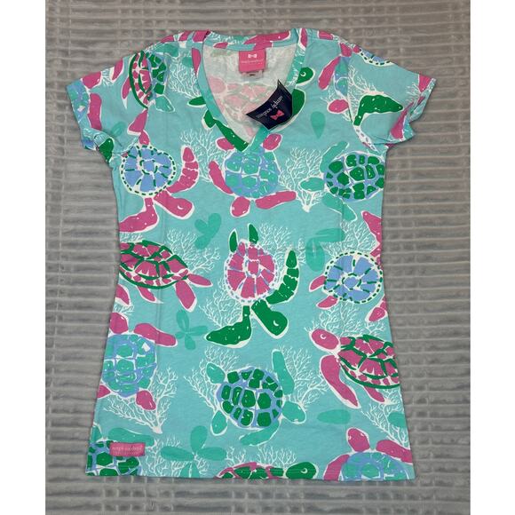 New Simply Southern V Neck Turtle Print Short Sleeve Cotton Shirt Small NWT Gift - Picture 1 of 7